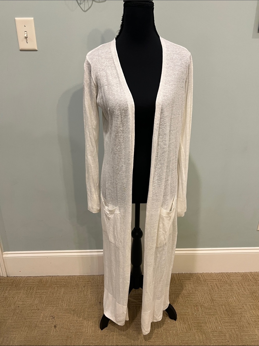 Long Open-Front White Women's Cardigan with Pockets